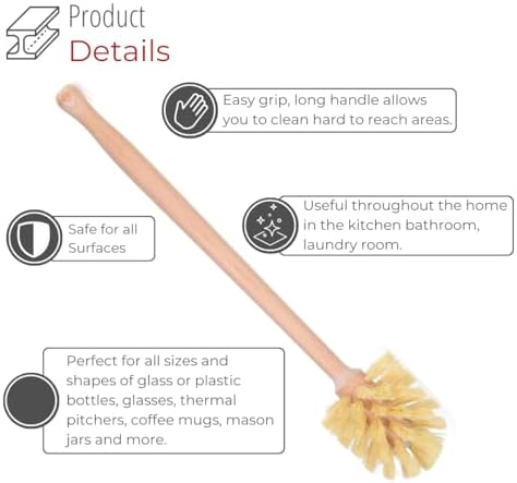 husMait Extra Long Wooden Handle Bottle Brush - 14 Inch Water Bottle Cleaner with Strong Bristles for Washing Deep Jars, Hydro Flasks, Tumblers, Thermos & Wide Mouth Glasses - Image 3