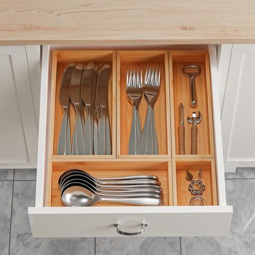Bamboo Drawer Organizer Boxes, 5 PCS Junk Drawer Organizer, Wooden Storage Trays for Kitchen, Bathroom, Office, Makeup - Image 3