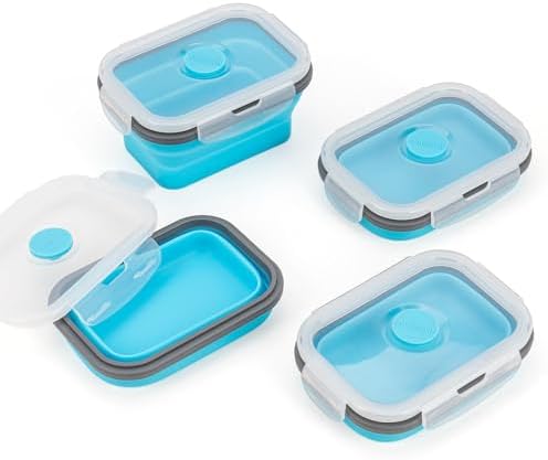 Collapsible Food Storage Containers with Lids & Vent, 11.8 oz, Kitchen Stacking Silicone Collapsible Meal Prep Container Set for Leftover, Microwave Freezer Dishwasher Safe, Blue Small 4 Pack by Annaklin