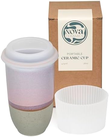 NOVA CERAMICS Coffee Travel Mug – Reusable To Go Mug – Microwave & Dishwasher Safe White & Purple Tumbler - Gifts For Women Men Him Her – 16oz – Horizon by NovaCeramics