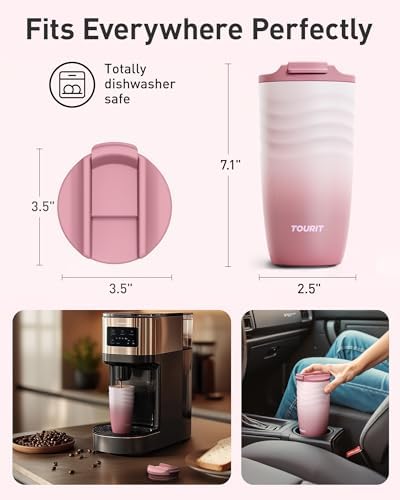 TOURIT 16 oz Insulated Travel Coffee Mug Stainless Steel Tumbler, Rose - Image 6