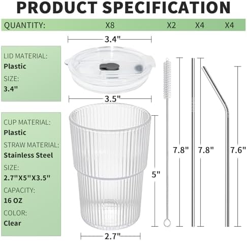 16 OZ Reusable Iced Coffee Cups with Lids and Straws, Unbreakable Plastic Drinking Glasses for Iced Tea, Juice, Water, BPA Free, Dishwasher Safe, Set of 8 - Image 3