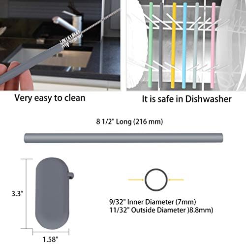 Sunseeke Silicone Straws Reusable - Odorless, 12 Standard Drinking Straws, 4 Carry Pouch, 2 Cleaning Brushes, Certificated Food Grade Platinum Silicone - 8 1/2" Long - Image 6