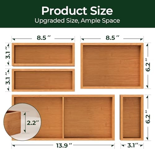 keechee 5-Piece Bamboo Drawer Organizer Set, 2.2" Deep Multi-Use Organizers for Utensils, Silverware, Cutlery, Desk, Bathroom, Junk Drawer & Makeup, Non-Slip Feet Included. - Image 4