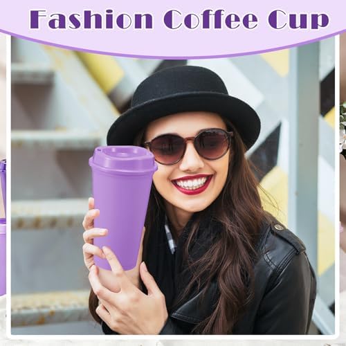 FillTouch 12 Pcs 16 oz Reusable Coffee Cups with Lids, Purple Gradient - Image 5