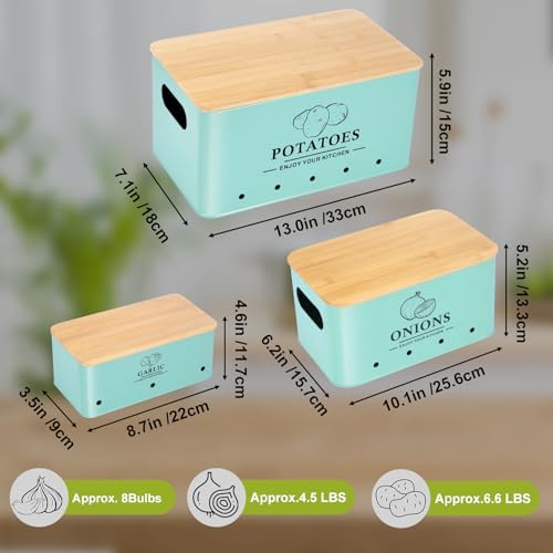 Kitchen Vegetable Storage Set of 3, Metal Onion Garlic Potato Storage Set, Kitchen Canisters Vegetable Keeper Containers with Aerating Holes and Bamboo Lid，Blue - Image 4