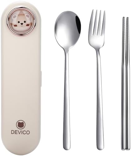 DEVICO Travel Utensils with Case Cute, Reusable Silverware for Lunch, 4Pcs Portable Cutlery Set, 18/8 Stainless Steel Fork Spoon Chopsticks in Cartoon Case, Dishwasher Safe (Light Yellow) by DEVICO