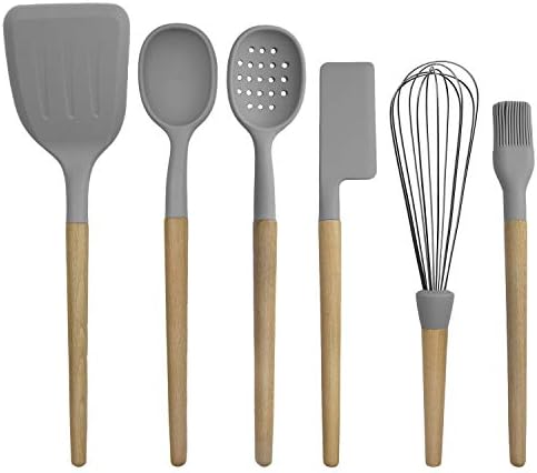 Country Kitchen Non Stick Silicone Utensil Set with Rounded Wood Handles for Cooking and Baking, 6 Piece Set, Gray by CountryKitchen
