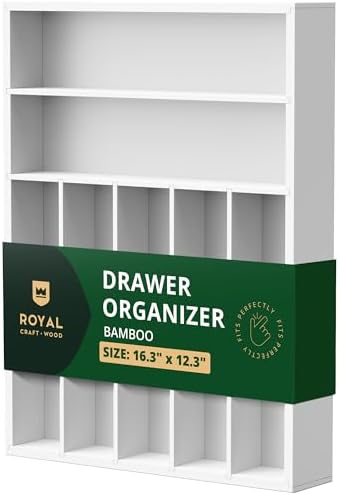 ROYAL CRAFT WOOD Luxury Bamboo Kitchen Drawer Organizer - Silverware Organizer - Utensil Holder and Cutlery Tray with Grooved Drawer Dividers for Flatware and Kitchen Utensils (7 Slot, White) by ROYALCRAFTWOOD