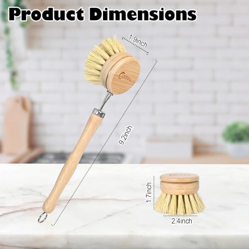 Bamboo Dish Brush with Handle - Soft Bristle Plastic Free Potato Scrubber Brush Compostable & Sustainable Produce Brush for Dishes Pots and Pans - Image 2