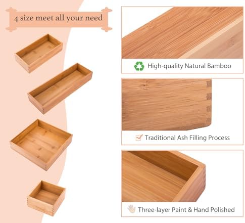 Bamboo Office Supplies Organizer Box Stationery Accessory Organizer Dresser Makeup Tool Drawer Storage Box, Bamboo 8"*4" - Image 3