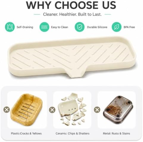 MicoYang Silicone Soap Dish with Drain Spout — Self-Draining Double Sink Organizer Tray for Kitchen & Bathroom, Dispensers, Sponges & Soap Holder, Non-Slip & Dishwasher Safe, Tapioca (Large, 12"×4") - Image 3