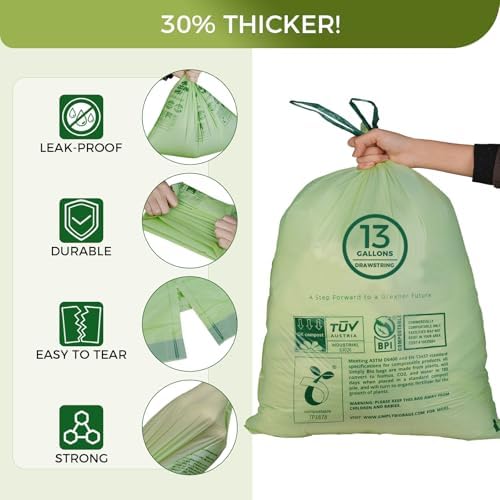 13 Gallon Compostable Trash Bags with Drawstring, Heavy Duty Extra Thick 1 Mil, 49.21 Liter, 30 Bags, Tall Kitchen Food Scrap Waste Bag, ASTM D6400, US BPI and OK Compost Home Certified - Image 3