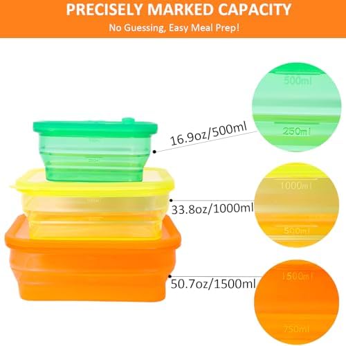 Set of 3 Clear Collapsible Full Silicone Food Storage Containers with Lids, Bento Lunch boxes for Meal Prep, Lunch, Leftovers, Microwave Fridge Dishwasher Safe, BPA-Free - Image 2