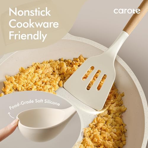 CAROTE 22-Piece Cooking Utensils Set with Wood Cool-Touch Handles, Cream - Image 4
