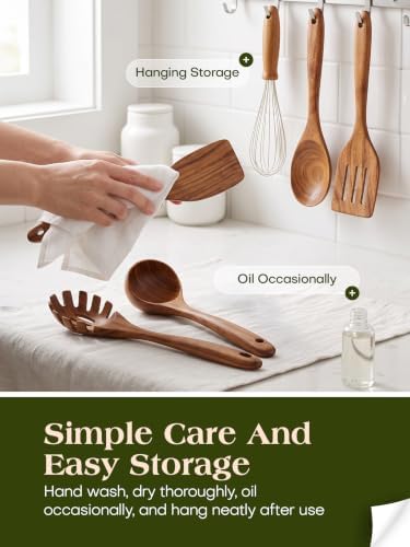 AIUHI Nonstick Wooden Utensil Set for Cooking, Handmade Smooth Finish Teak Wood Spoons Spatula Turner for Cooking and Kitchen Gifts (7Pcs) - Image 6