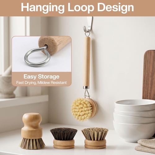 5 Pcs Bamboo Wood Dish Brush Set Includes 1 Wooden Handle with 3 Natural Replaceable Bristle Heads and 1 Handheld Bamboo Wok Brush Scrubber for Dishes Pans Pots Fruit and Veggie Washing(Style A) - Image 6