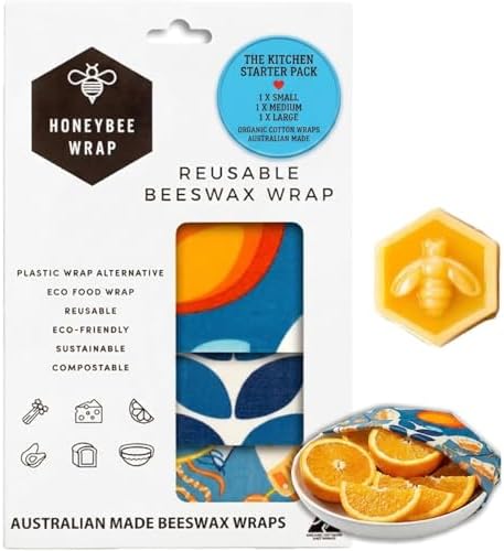 Honeybee Beeswax Wraps - Kitchen Starter Pack with Wax Replenish Block - Certified Organic Cotton Beeswax Wrap - Reusable Beeswax Food Wrap - 3 Pack - Small, Medium & Large by HONEYBEEWRAP