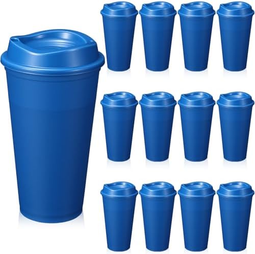 12 Pcs 16 Oz Reusable Coffee Cups with Lids - Plastic Travel Hot Cups Bulk Coffee Tumblers for DIY Hot Cold Drinks Party Favors Coworker (Blue) by Unknown