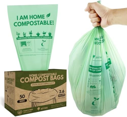 AIRNEX Small Compost Bags 2.6 Gal - 50 Compostable Kitchen Trash Bags for Countertop Bin - Cornstarch Leakproof & Tear-Resistant - OK Compost Home & Seedling Certified 0.18 mm Kitchen Garbage Bags by Airnex