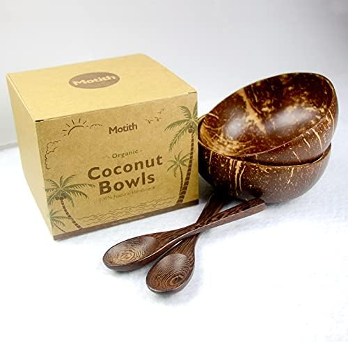 Coconut Bowls - Wooden Spoon Sets of 2 for Reusable Salad Smoothie Acai Buddha Bowls - Eco-friendly Natural Organic Handmade Polished Coco Shell - Healthy Choice Vegan Gifts by Motith