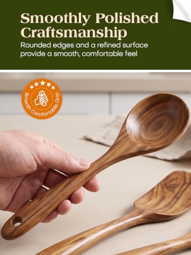 AIUHI 11-Piece Natural Teak Wood Kitchen Utensil Set with Holder, Wooden Spoons and Cooking Utensils for Nonstick Cookware, Includes Spatulas, Ladle and Whisk - Image 5
