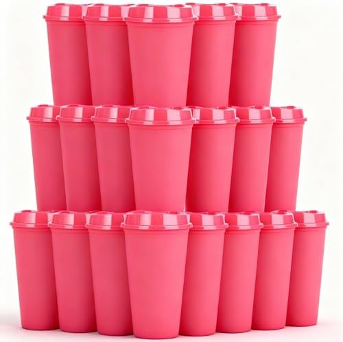 20 Pack Reusable Coffee Cups with Lids 16 oz Plastic Tumblers Travel Mug Iced Coffee Cup for Adults and Women Hot and Cold Drinks, Microwaveable (Rose) by Alohastarttg