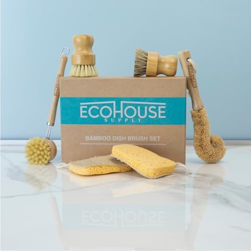 ECOHOUSE SUPPLY™ Bamboo Dish Brush Set – 6-Piece Natural Fiber Kitchen Brush Set with Loofah Sponges (No Bleach), Sisal & Palm Scrubbers – Non-Toxic, Eco-Friendly, Plastic-Free Dish Cleaning Brushes. - Image 7