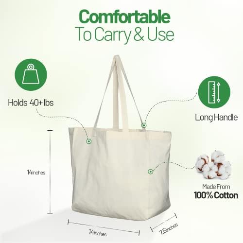 Greenmile 3 Pack Canvas Reusable Grocery Bags - Cotton Canvas Grocery Bag Cloth Shopping Tote With Long Handles Bulk - Heavy Duty Grocery Tote Bag - Large, Foldable and Lightweight - Capacity 40 lbs - Image 3