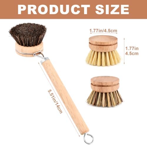 Bamboo Dish Brush Set, 1 Wooden Handle with 3 Natural Bristle Heads All Purpose Kitchen Scrub Brush with Sisal and Palm Horsehair for Cleaning Dishes Pans Vegetables(Color:Wood) - Image 2