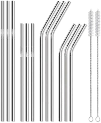 12 Pack of Reusable Stainless Steel Metal Straws, 3 Straight + 3 Bent 10.5 Inch and 3 Straight + 3 Bent 8.5 Inch Metal Straws with 2 Cleaning Brushes for 20 24 30 oz Tumbler Dishwasher Safef by Unknown