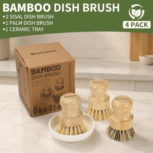 4-PCS Natural Bamboo Dish Brush with Ceramic Tray for Cleaning - Image 2