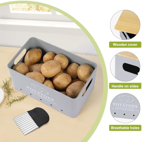 Kitchen Vegetable Storage Set of 3, Metal Onion Garlic Potato Storage Set, Kitchen Canisters Vegetable Keeper Containers with Aerating Holes and Bamboo Lid,Grey - Image 3