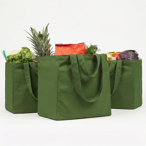VeraMia Canvas Grocery Bag 3pc XL Set with Real Pockets, Long Shoulder Strap and Short Handle. Heavy Duty, Foldable, Washable by VeraMia