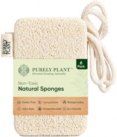 Purely Plant Loofah Dish Sponge 6 Pack–Non Toxic, 100% Plastic Free, Compostable & Biodegradable Premium Kitchen Scrubber, Plant Based, Non-Scratch Scouring Pad for Sink, Tile & Grout Cleaning Luffa by Unknown