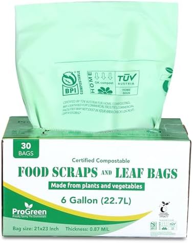 Compostable Trash Bags, Extra Thick, Compost Kitchen Bin Bags, Food Scraps Yard Waste Bags, ASTM D6400 BPI and TÜV AUSTRIA Certified (6 Gallon, Pack of 30) by ProGreen