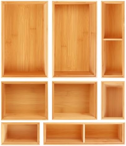 Bamboo Drawer Organizer Set, 8 PCS Multi-Use Wood Drawer Storage Boxes, Junk Drawer Organizer Divider Bins for Kitchen, Bathroom, Office Desk, Makeup, Jewelry, Utensils by Bxngjuj