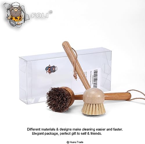 Foli Long Handle Bamboo Dish Scrub Brush 2Pack with Sisal & Palm Bristles - Image 4