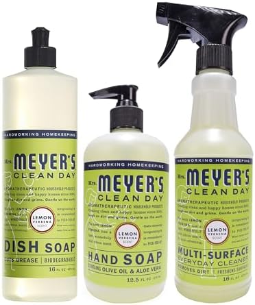 MRS. MEYER'S CLEAN DAY Kitchen Essentials Set, Includes: Hand Soap, Dish Soap, and All Purpose Cleaner, Lemon Verbena, 3 Count Pack by MrsMeyers