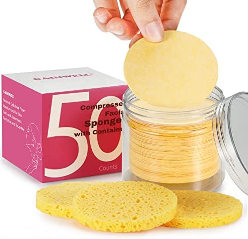 GAINWELL 50-Count Compressed Facial Sponges with Storage Container, for Facial Cleansing, Reusable Makeup Remover, Portable, Suitable for Travel, Yellow by GAINWELL