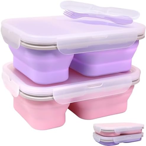 2 Pack Collapsible Silicone Bento Lunch Boxes With Lids,2 Compartments, Divided Lunch Food Storage Containers, 37.2 oz, Safe in Microwave, Dishwasher and Freezer, BPA Free by FUSMYE