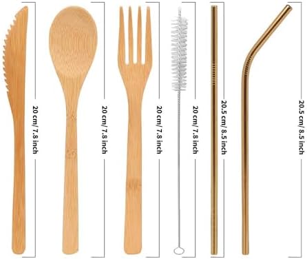 Uptrust Bamboo 2 Set Travel Utensils - Reusable Cutlery with Case, 7.8 Inch Knife, Fork, Spoon, 3 Colors Metal Straw - Golden Straw - Image 4