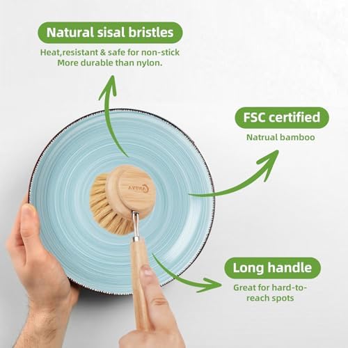 Bamboo Scrub Brush with Handle - Soft Bristles Non Toxic Dish Brush Compostable & Biodegradable Bamboo Dish Scrubber for Cookware Bowls and Plates Non-Stick Pans - Image 7
