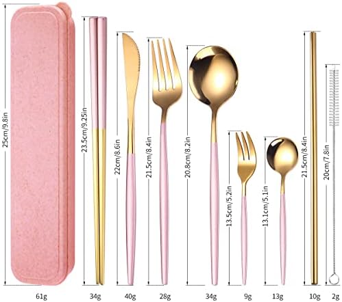 AARAINBOW 8 Pieces Stainless Steel Flatware Set Portable Reusable Cutlery Set Travel Utensils Set Including Chopsticks Knife Fork Spoon Straws Cleaning Brush Dishwasher Safe (Pink Golden) - Image 2