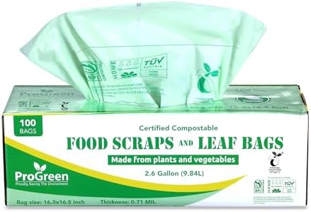 Compostable Trash Bags 2.6 Gallon, 100 Count, Extra Thick 0.71 Mil, Small Compost Kitchen Bin Bags, Food Scraps Yard Waste Bags, Compost ASTM D6400 BPI and TÜV AUSTRIA Certified. by ProGreen