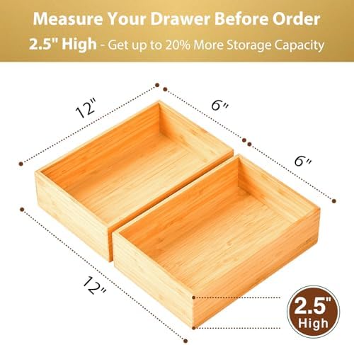 Umilife Bamboo Kitchen Utensils Organizer, Extra High Silverware Drawer Holder, Flatware Cutlery Storage Box, Multi-Use Drawer Divider in Office, Bathroom, Pantry - 12"x6"x2.5" (Set of 2) - Image 2