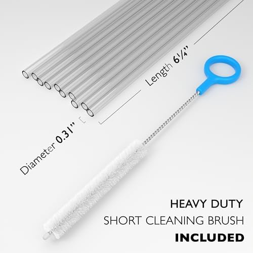 Fiesta First 10 Short Clear Straws - Hard Semi-transparent Plastic Reusable Drinking Straws + Sturdy Cleaning Brush - for Cocktails, Small Cups, Kids Drinks - Dishwasher Safe BPA Free - Image 2