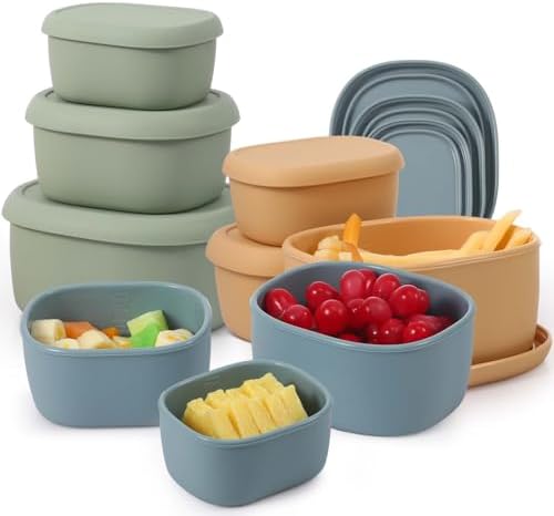 Vesici 9 Pcs Silicone Food Storage Containers Collapsible Reusable Small Containers with Lids Bpa Free for Christmas Party Snack Camping Lunch Bento Box (6.7oz, 10oz, 20oz) Green Blue Yellow by Vesici