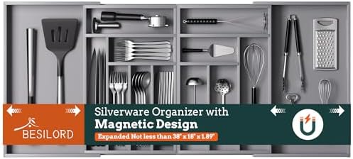 Magnetic Expandable Silverware Drawer Organizer, 13 Slots Utensil Gray by Besilord