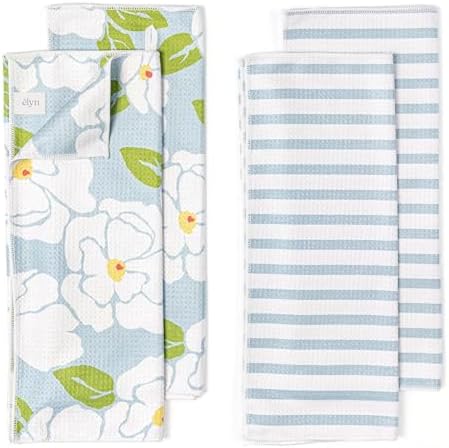 ELYN Microfiber Kitchen Dish Towel Set, Quick-Dry & Absorbent Waffle Weave Cleaning Towels, Set of 4 Kitchen Towels, Paper Towels Alternative (Magnolias & Stripe) by ELYN
